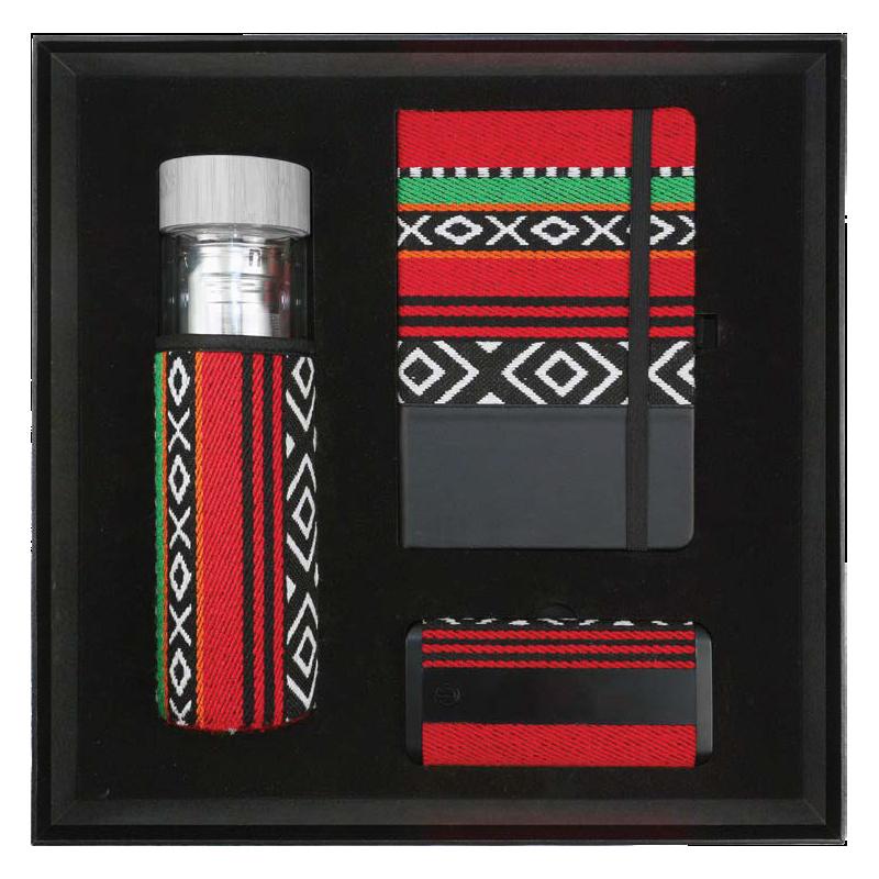 Black Cardboard Gift Box With Bottle With Sadu Design Sleeves, Notebook, and Wireless Powerbank